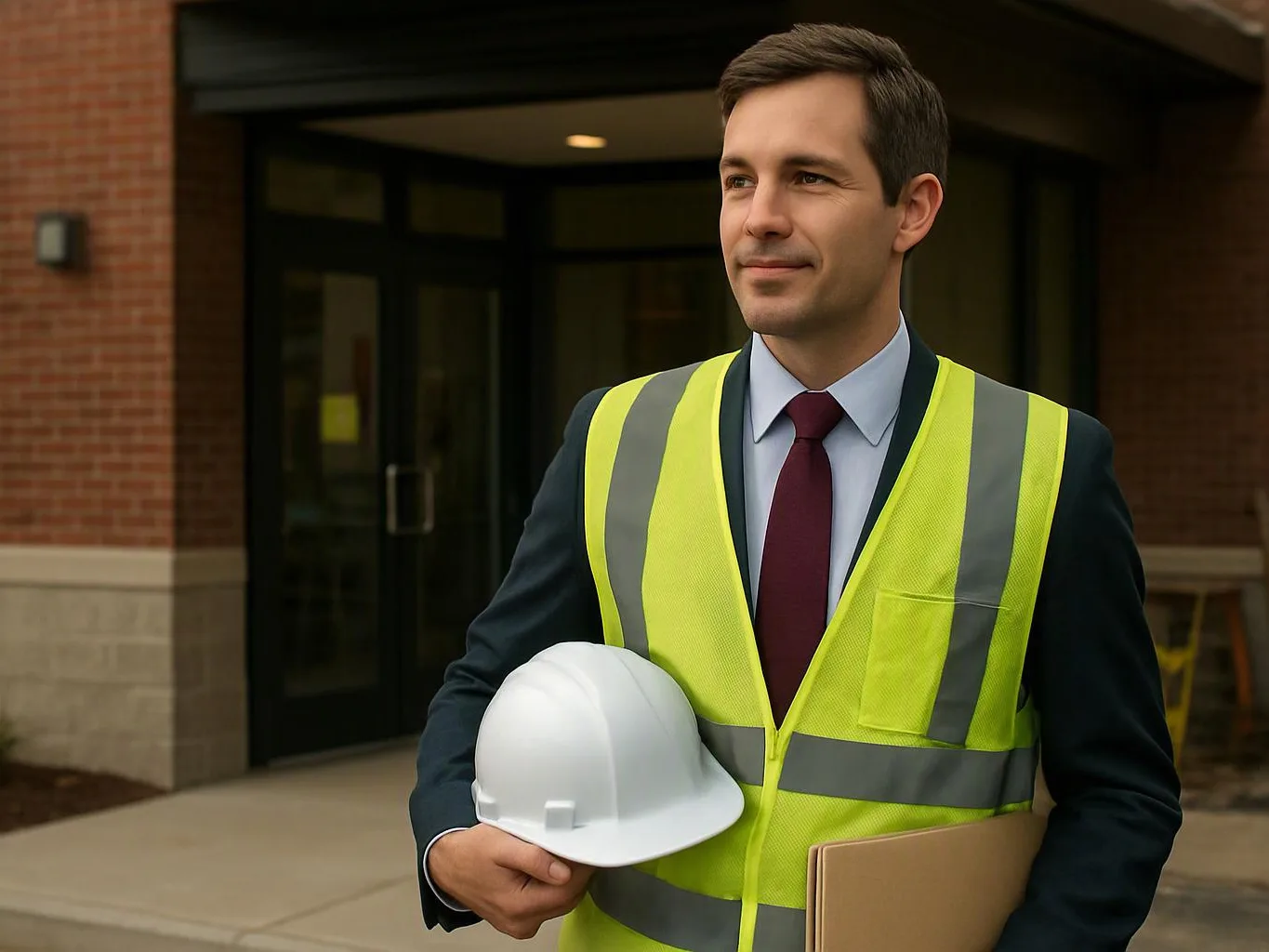 A man in a safety vest holds a white hard hat and a folder outside a building entrance