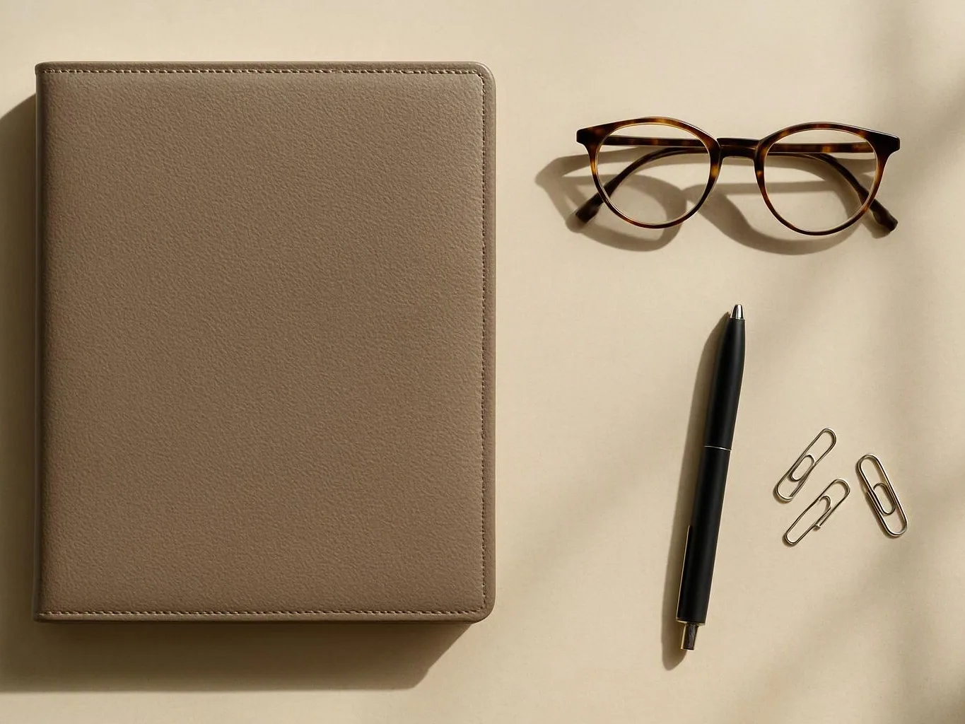 A beige notebook, tortoiseshell glasses, a black pen, and three paper clips rest on a cream surface