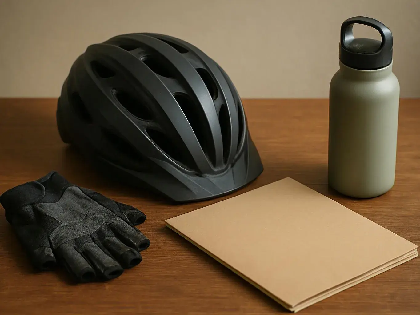 A black bicycle helmet, gloves, folded paper, and a water bottle sit on a wooden table