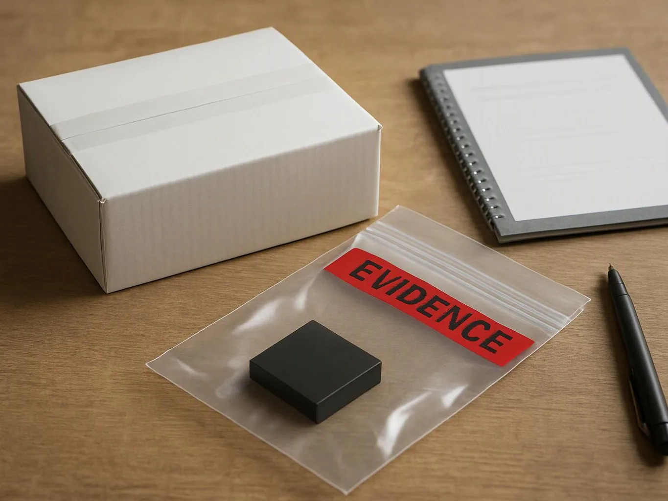 A black block sits in a clear bag labeled “EVIDENCE” beside a white box, notebook, and pen on a wooden table