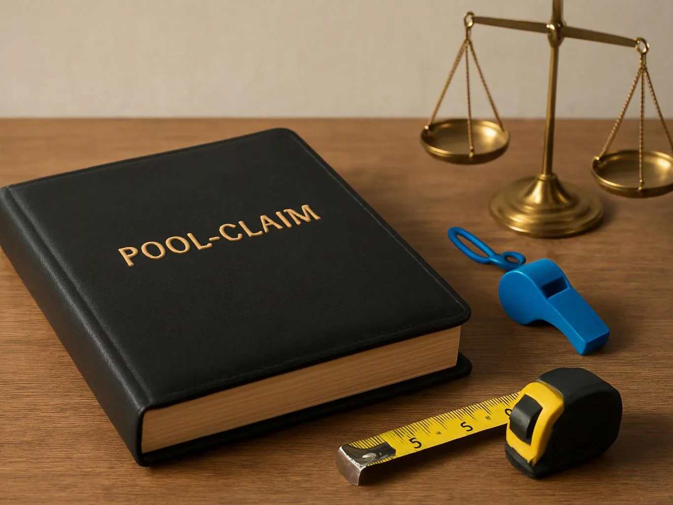 A black book labeled “POOL-CLAIM” sits beside a gold scale, a blue whistle, and a yellow tape measure on a wooden table