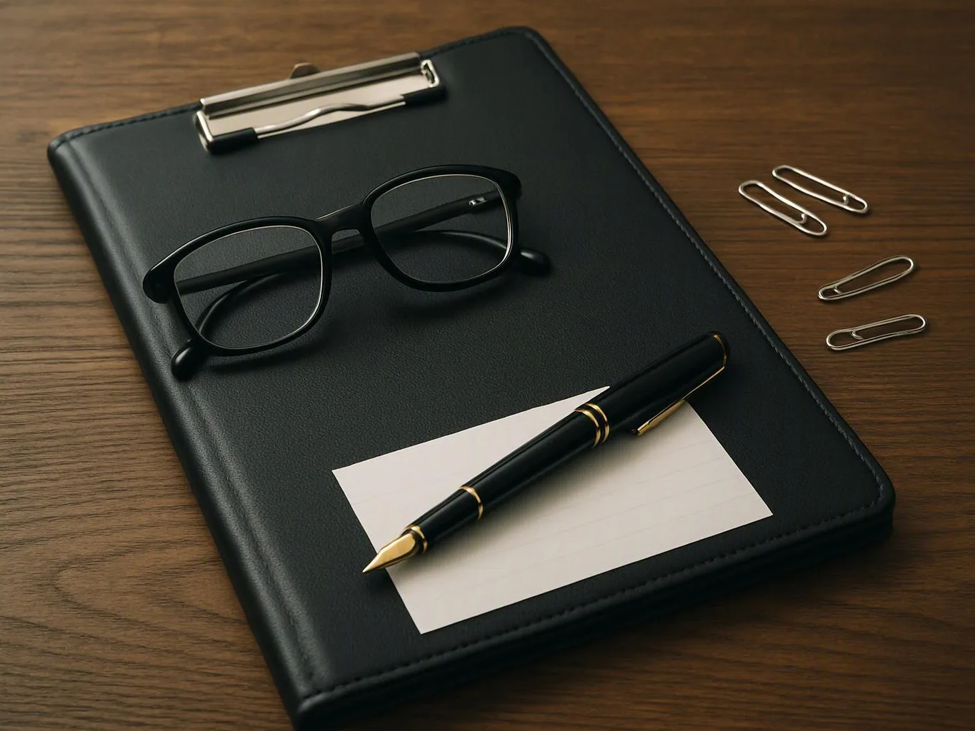 Black glasses, a pen, and paper clip on a clipboard resting on a wooden desk