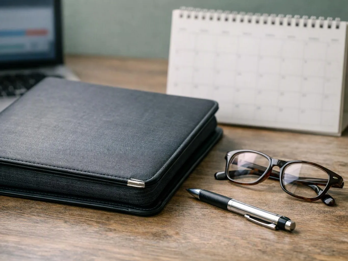 A black laptop case, eyeglasses, and a pen sit on a wooden desk beside a desk calendar and blurred laptop