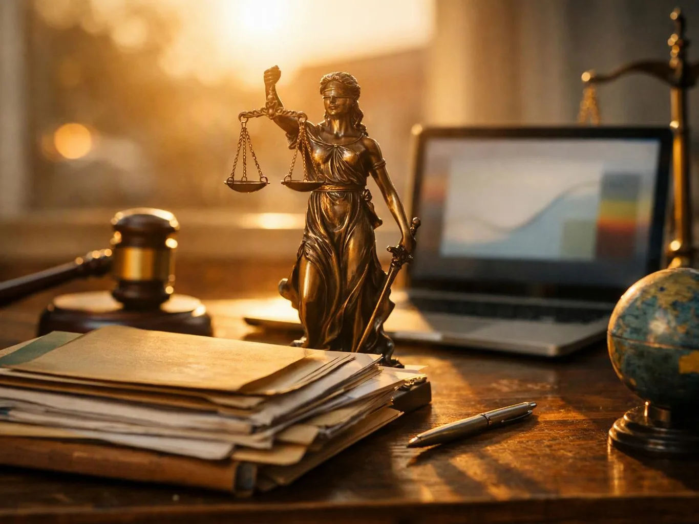 A bronze Lady Justice statue stands on a desk beside files, a gavel, a laptop, and a small globe in warm sunlight