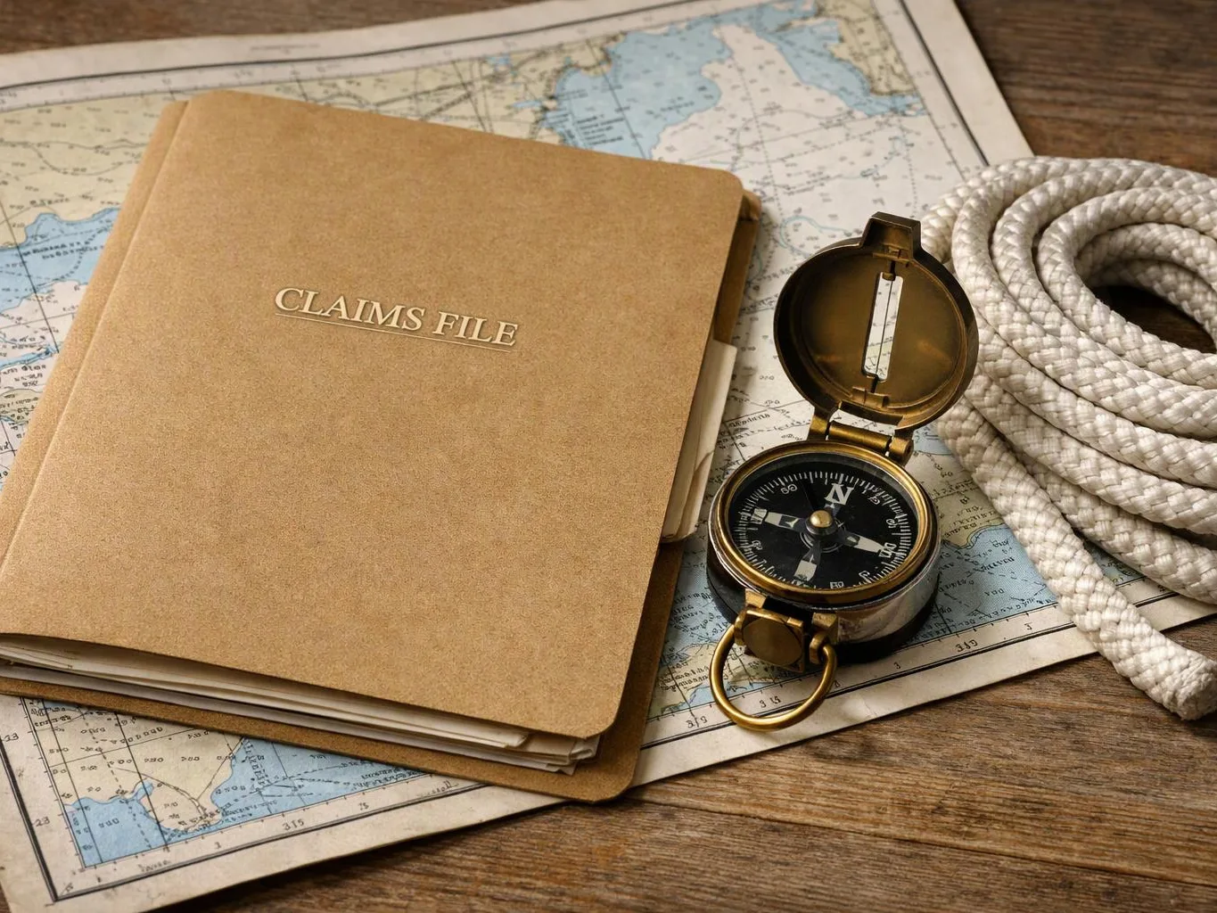 A claims file, compass, rope, and nautical map rest on a wooden table