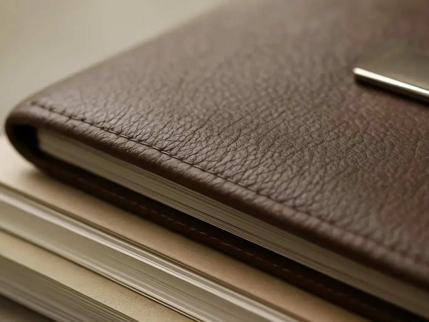 A close-up shows a brown leather-bound book stacked on other books with cream pages visible