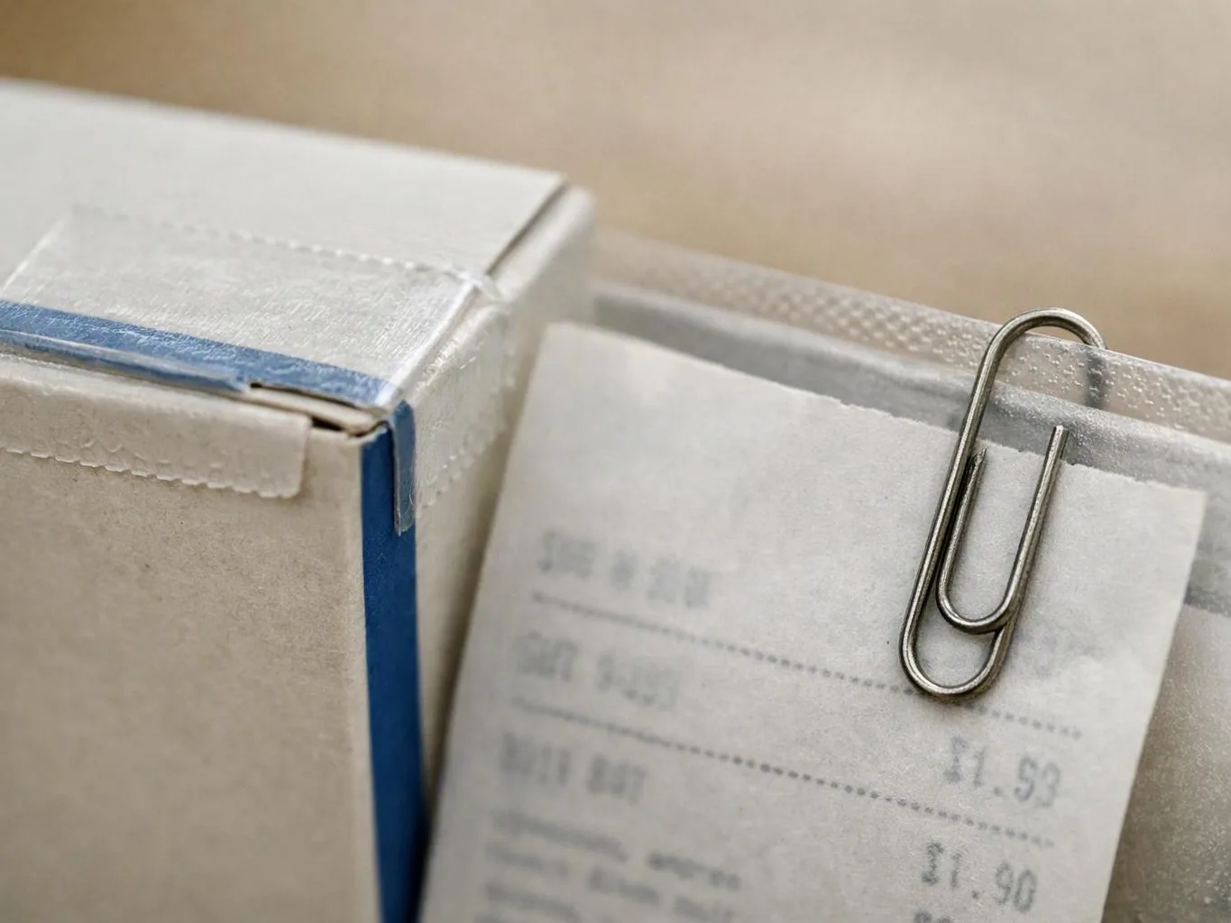 A close-up shows a paper receipt clipped to a cardboard box with blue tape on a beige surface