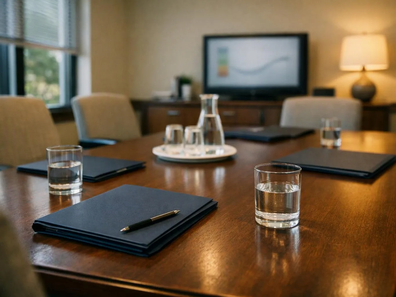 A conference room table holds folders, glasses of water, pens, and a carafe under warm lamplight