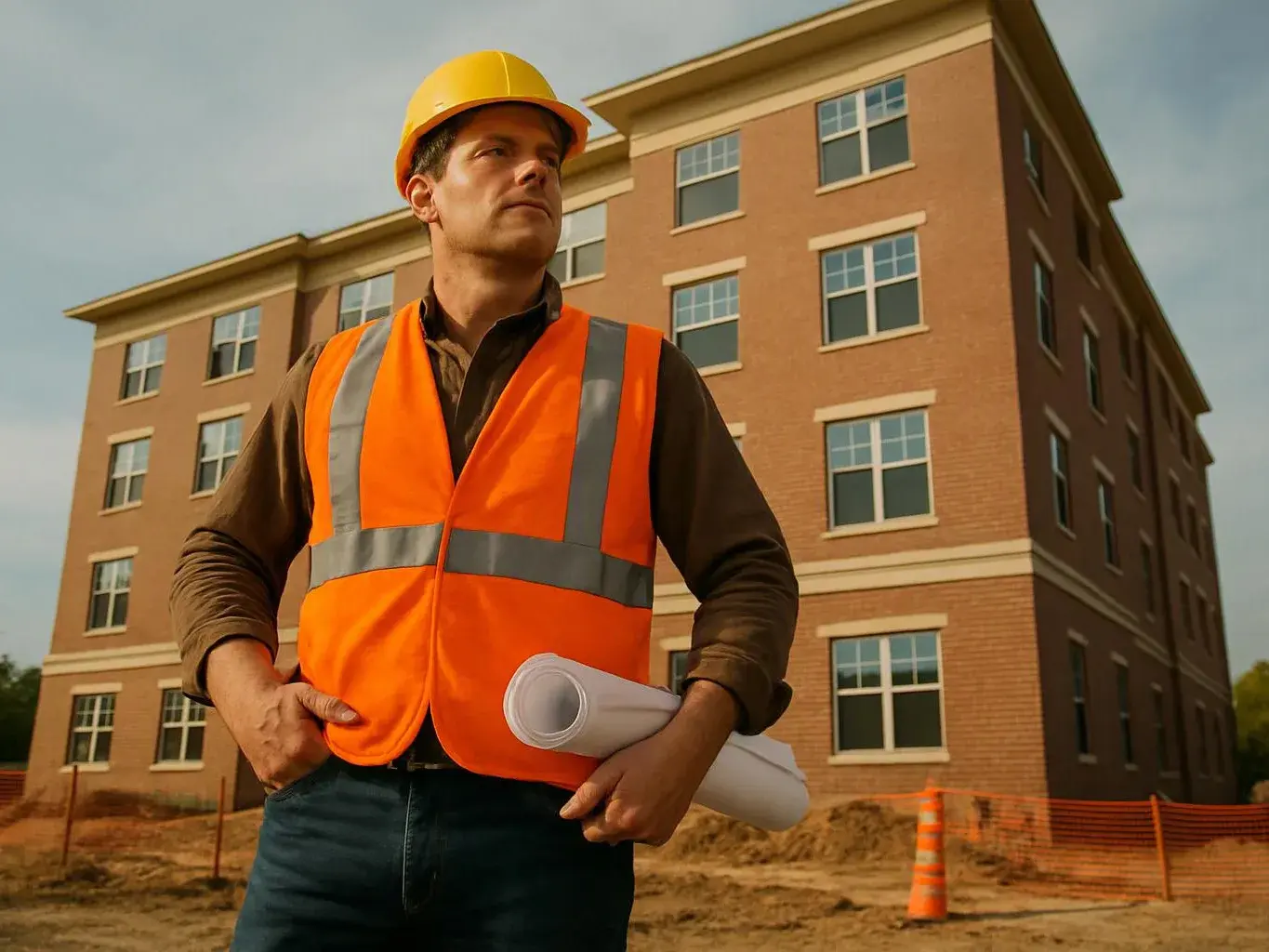 A construction worker in a hard hat and safety vest holds rolled blueprints in front of a brick building site