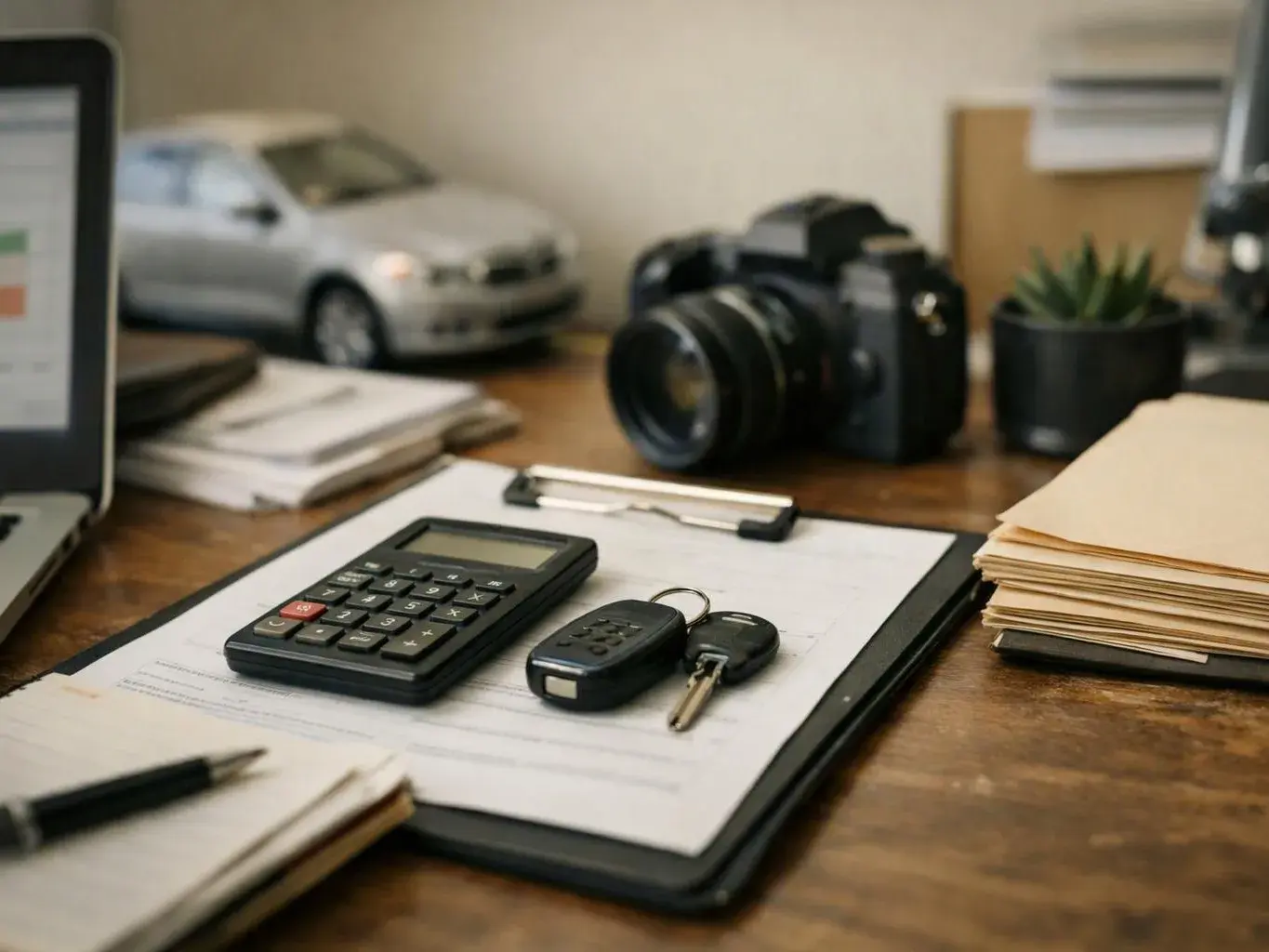 A desk holds a calculator, car keys, papers, a camera, and a model car alongside a laptop edge