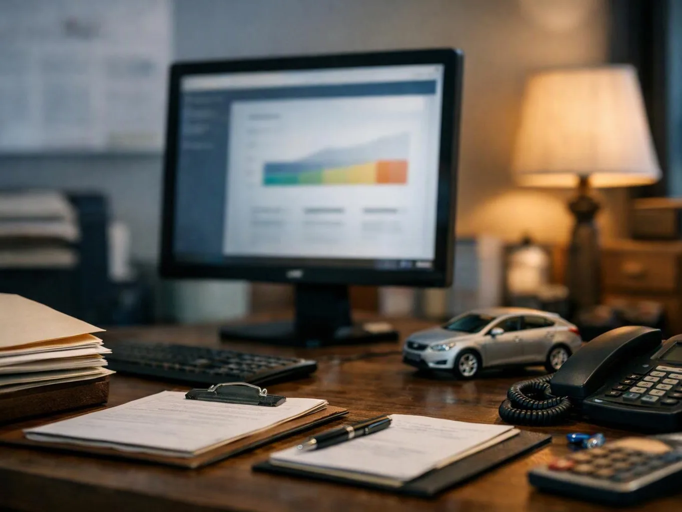 A desk holds papers, a keyboard, a monitor with charts, a toy car, and a phone beside a lit lamp