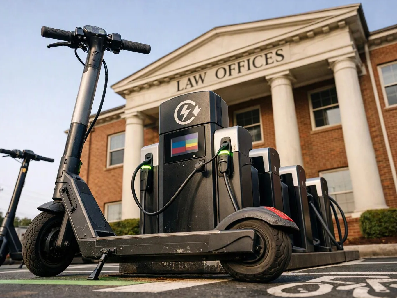 Electric scooters charge in a parking lot outside a brick building labeled LAW OFFICES