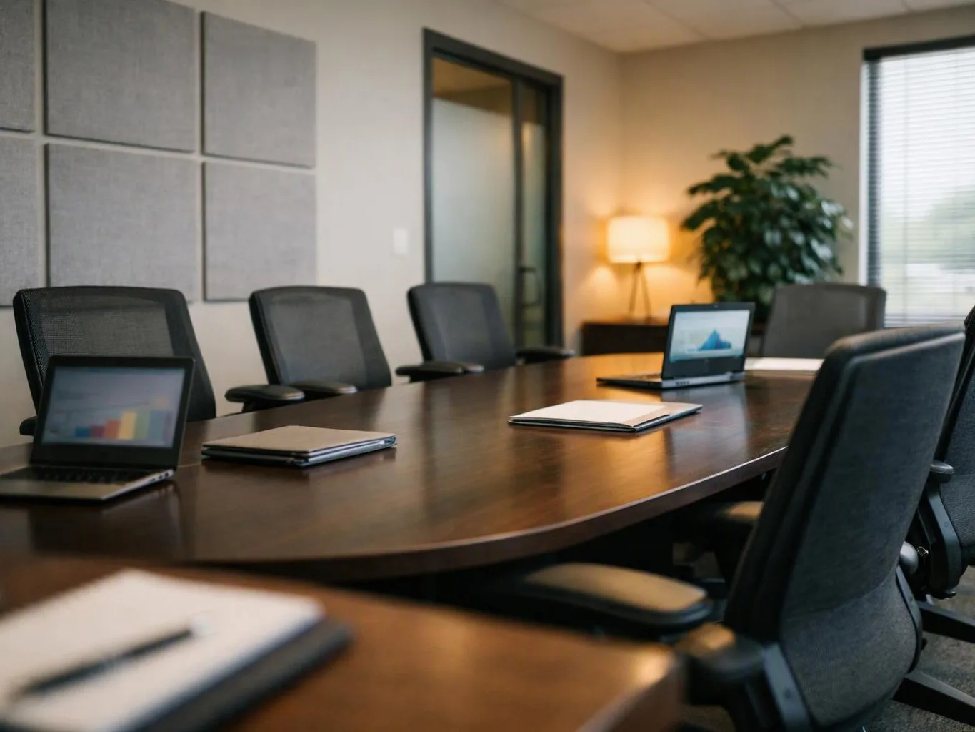 Empty conference room with laptops, notebooks, and black office chairs around a wooden table