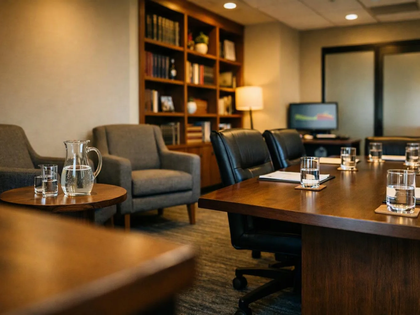 Empty conference room with leather chairs, a wooden table, water glasses, and a bookshelf in warm light