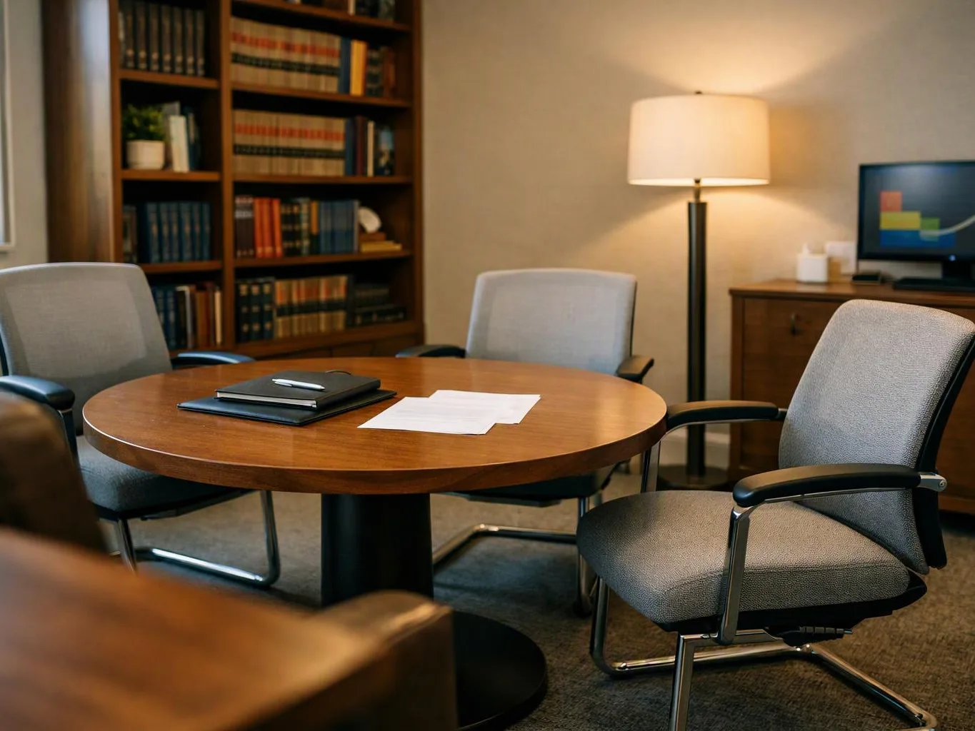 Empty meeting room with round table, gray chairs, bookshelves, lamp, papers, and a computer screen