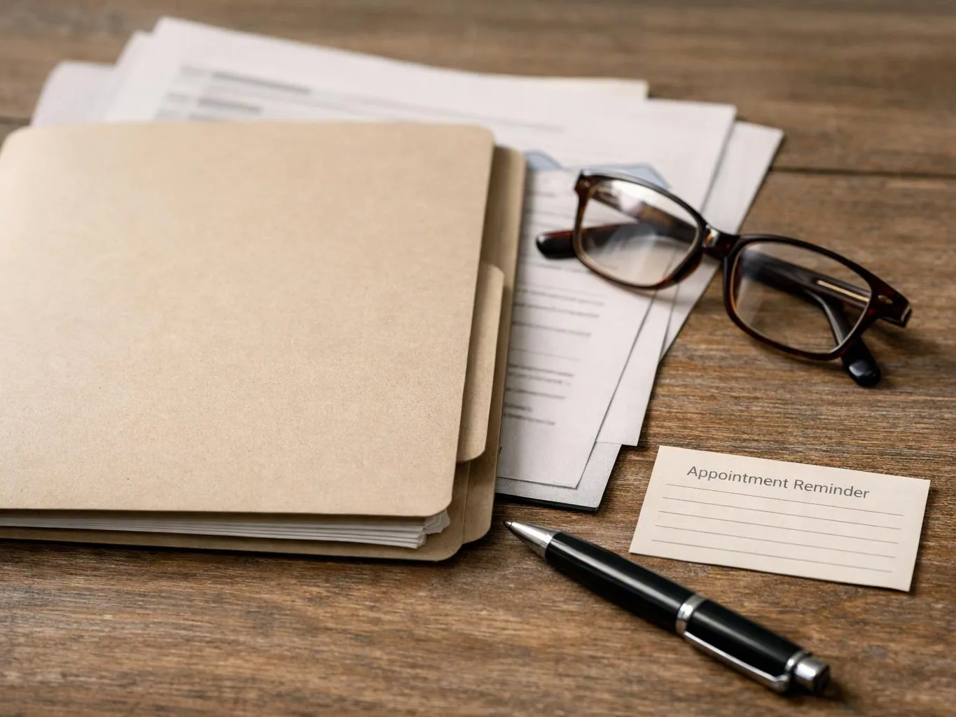 Eyeglasses, a folder of papers, a pen, and an “Appointment Reminder” card rest on a wooden desk