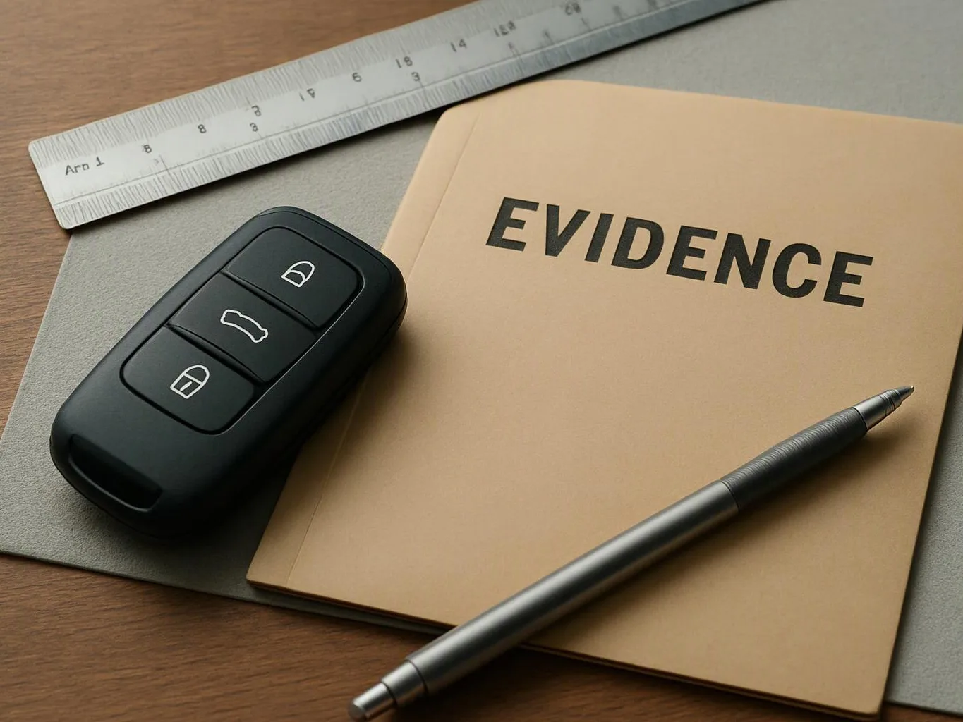 A folder labeled “EVIDENCE” sits beside a car key fob, pen, and metal ruler on a desk