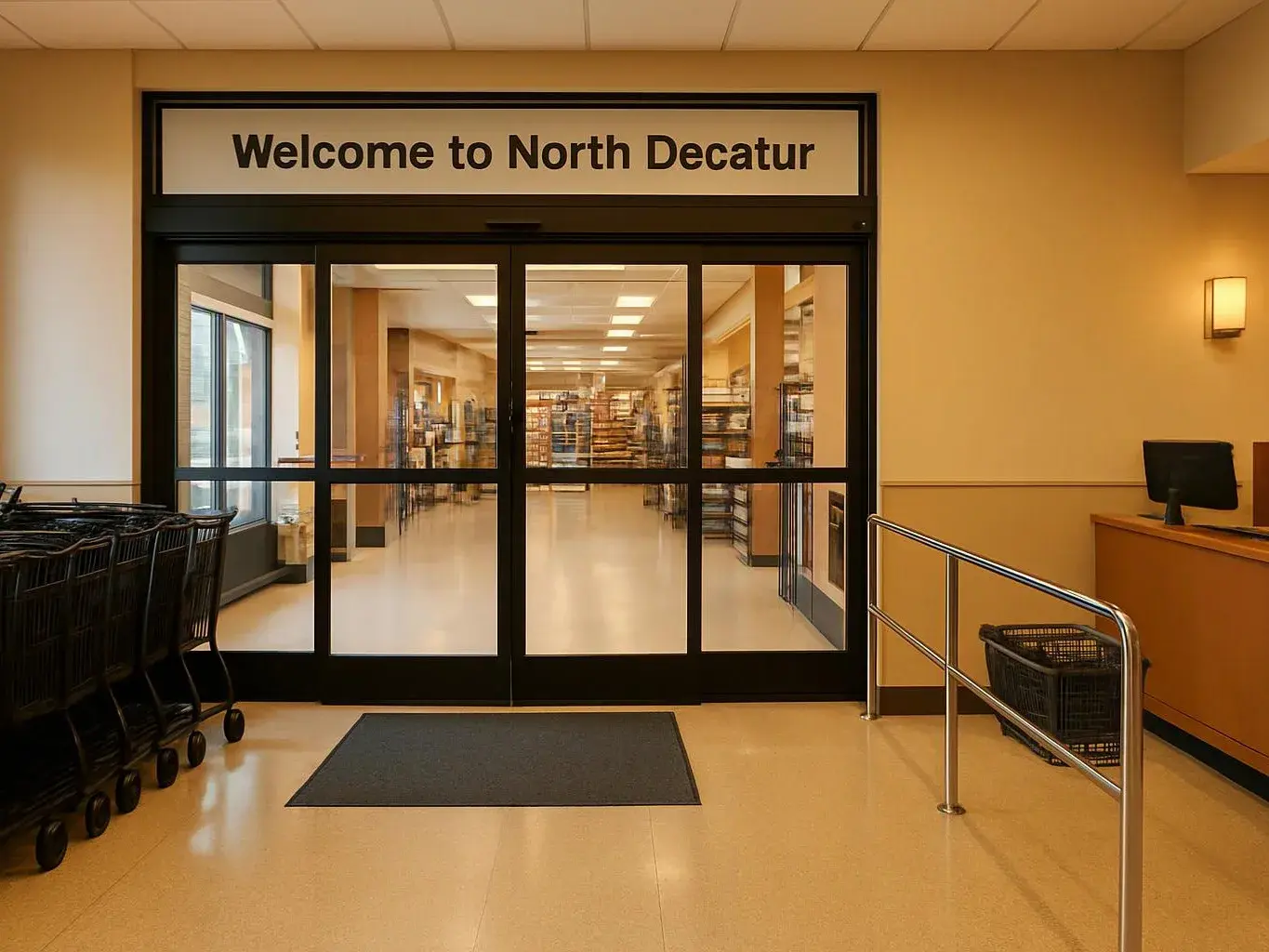 A glass entrance opens into a bright library interior, with a “Welcome to North Decatur” sign above it