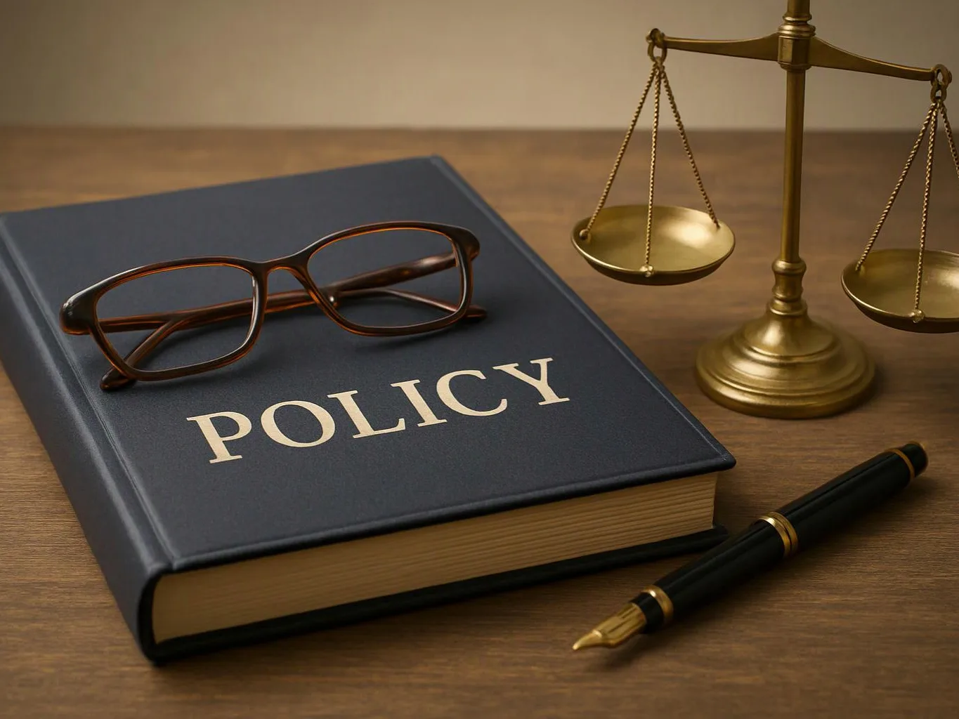 Glasses rest on a book labeled “POLICY” beside a brass balance scale and a pen on a wooden table