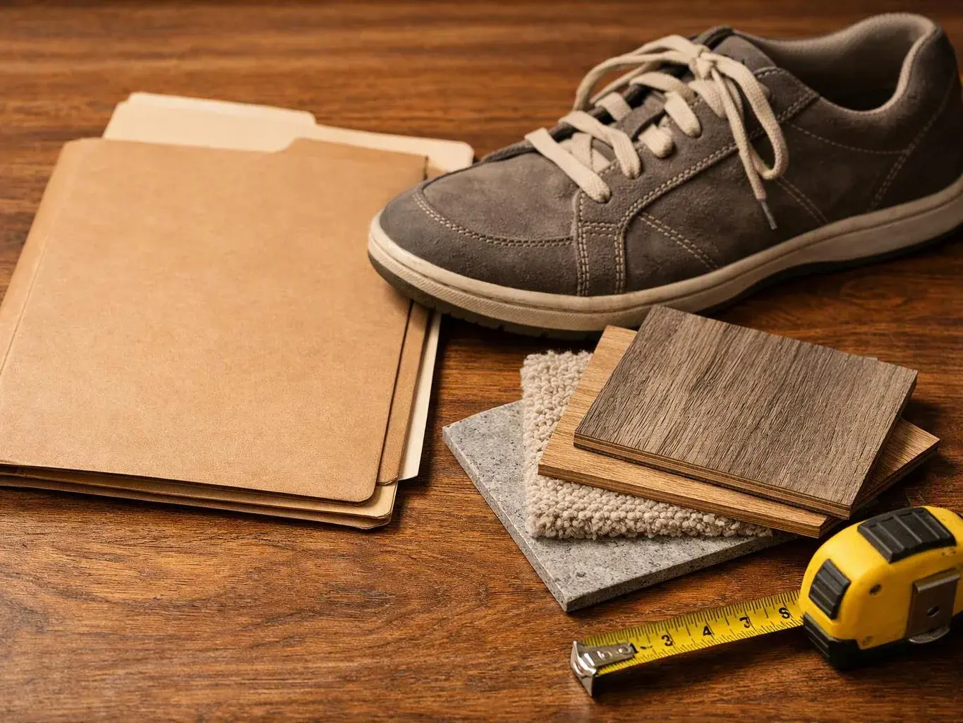 A gray sneaker sits beside sample boards, folders, and a yellow tape measure on a wooden table