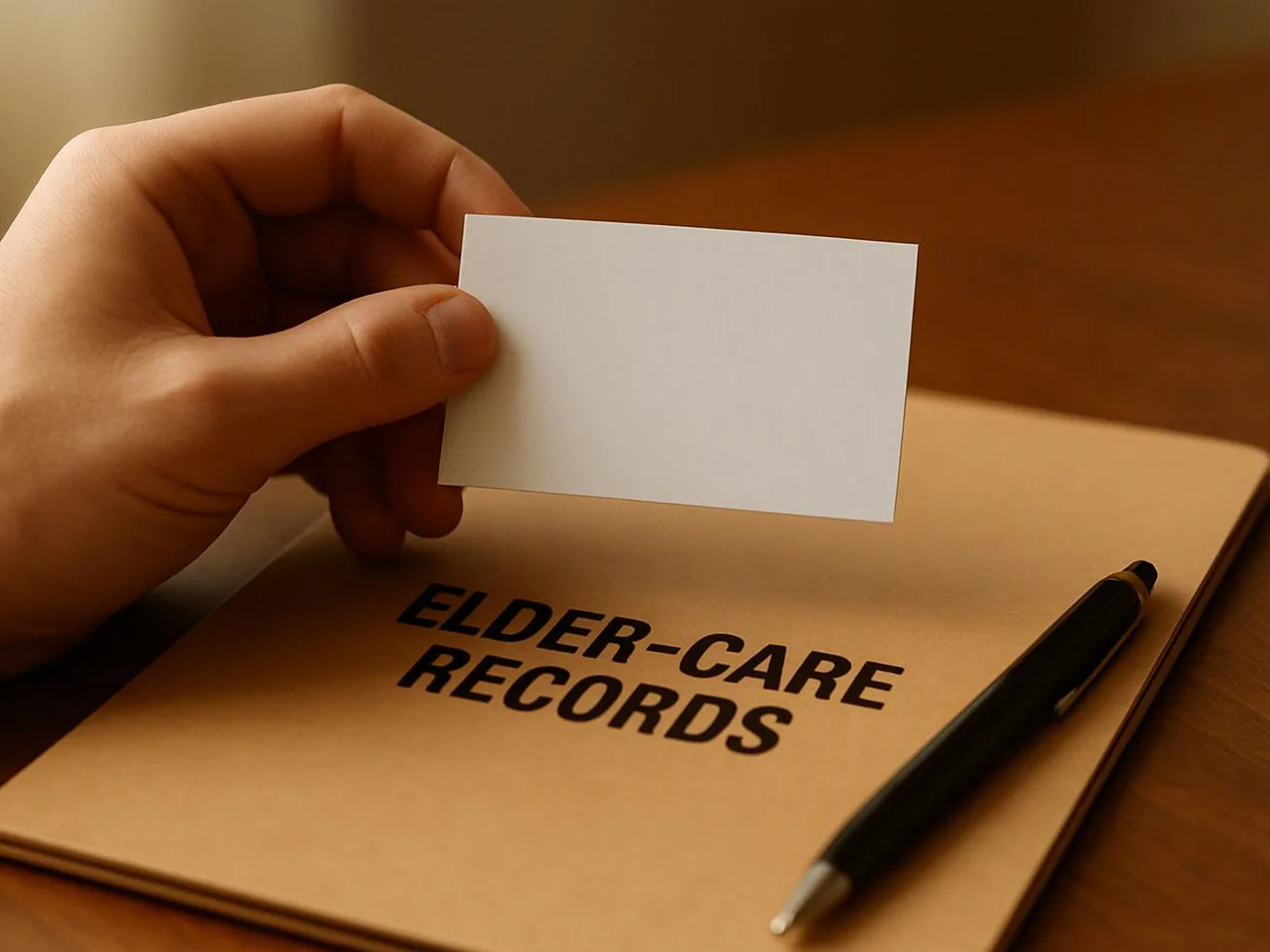 A hand holds a blank card above a notebook labeled "ELDER-CARE RECORDS" beside a pen