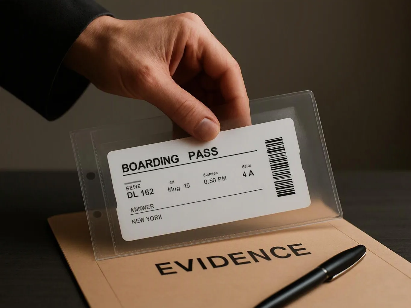 A hand holds a boarding pass in a clear sleeve above an evidence folder and pen on a desk