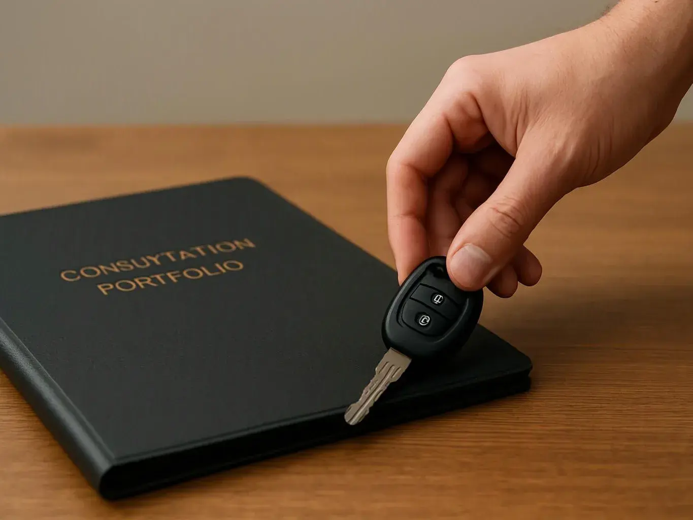 A hand holds a car key above a black folder labeled “CONSULTATION PORTFOLIO” on a wooden table
