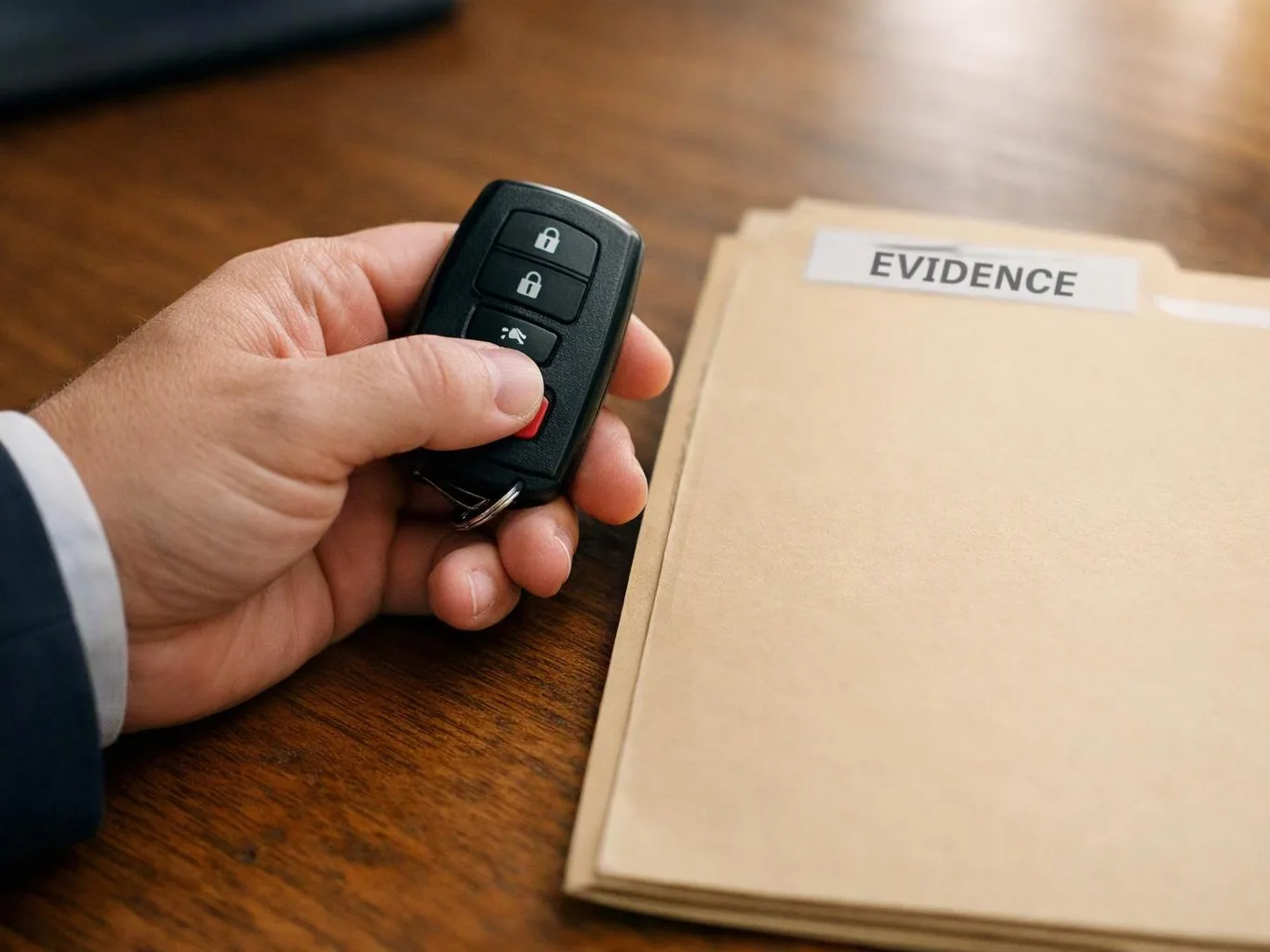 A hand holds a car key fob beside a manila folder labeled “EVIDENCE” on a wooden desk
