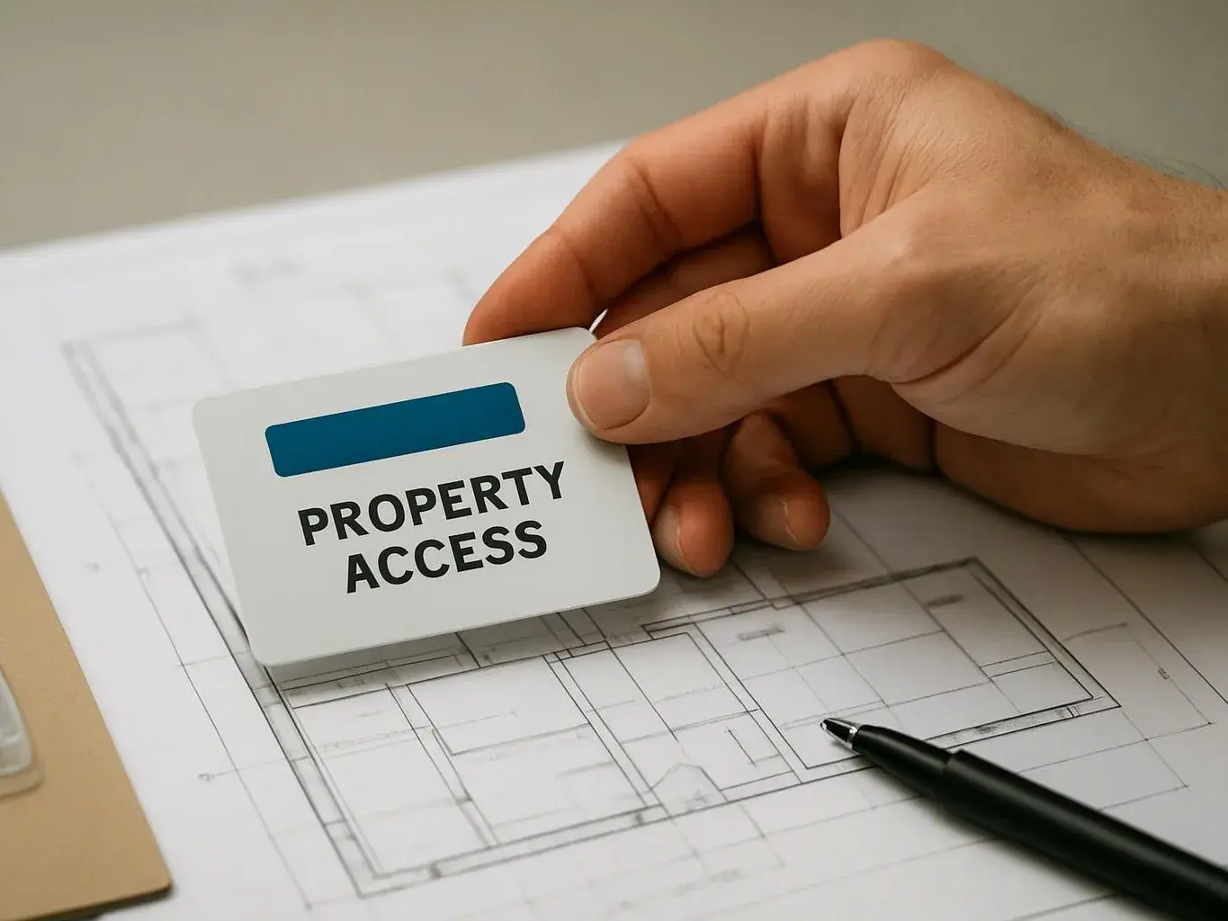 A hand holds a card reading “PROPERTY ACCESS” above a floor plan with a pen nearby