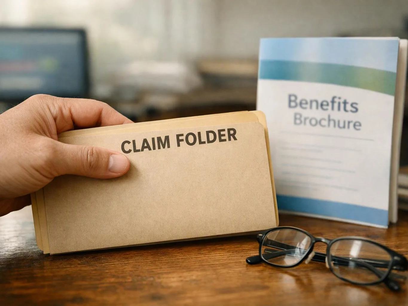 A hand holds a folder labeled “CLAIM FOLDER” beside a benefits brochure and eyeglasses on a desk
