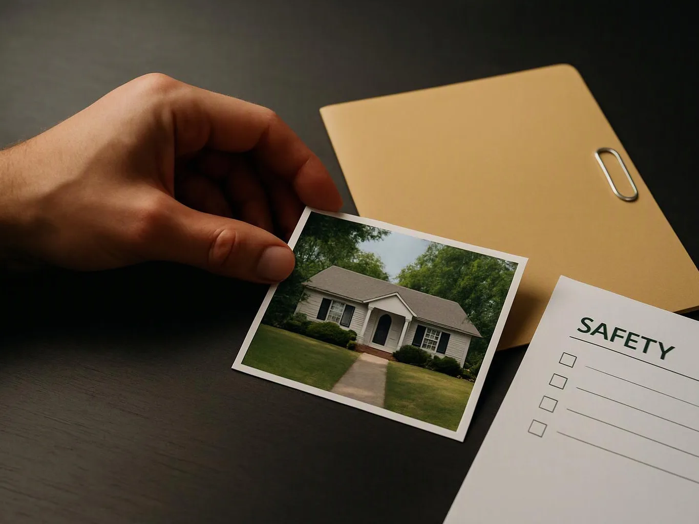 A hand holds a house photo beside a safety checklist and a tan folder on a dark desk
