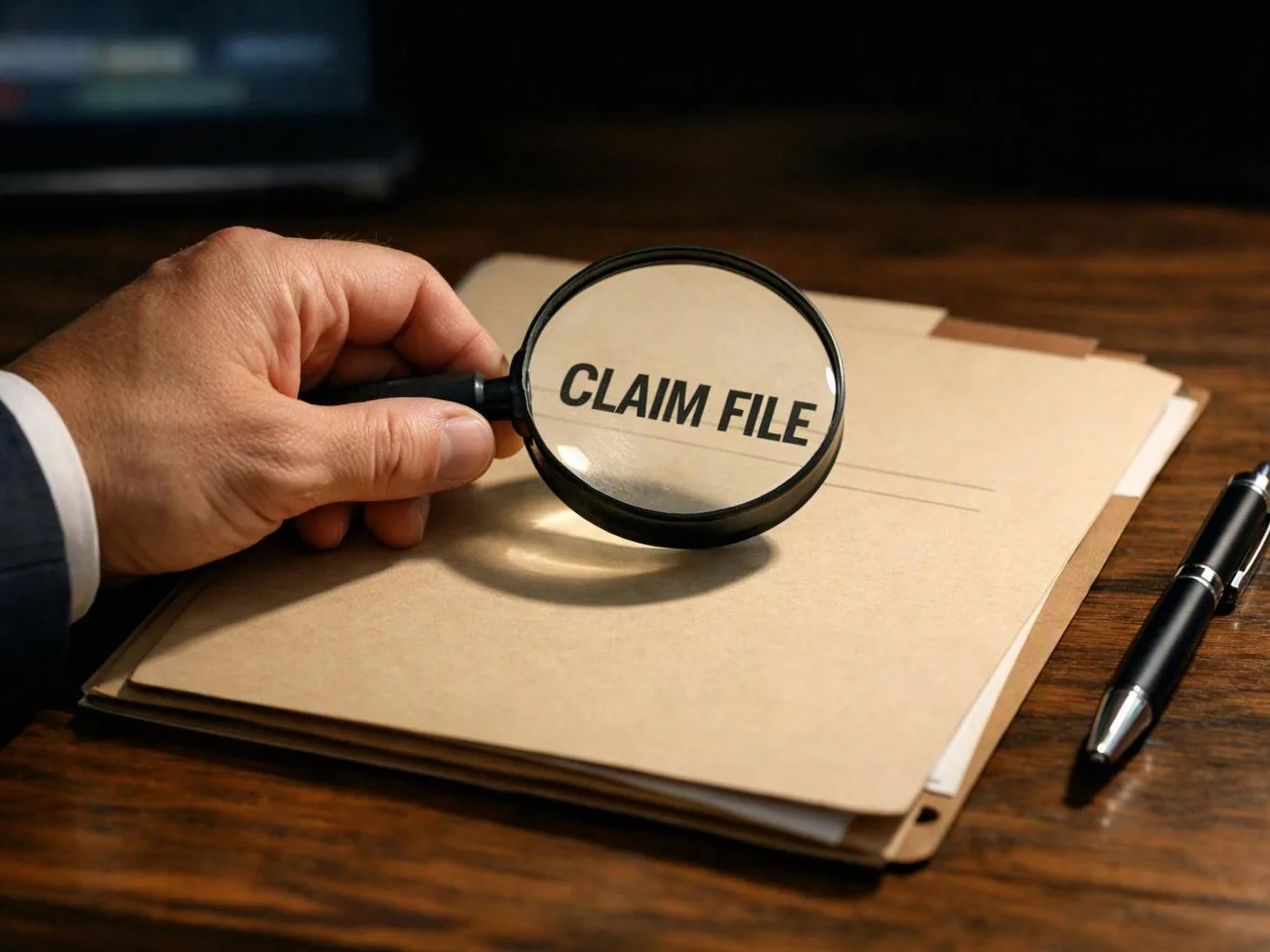 A hand holds a magnifying glass over a file folder labeled “CLAIM FILE” on a wooden desk