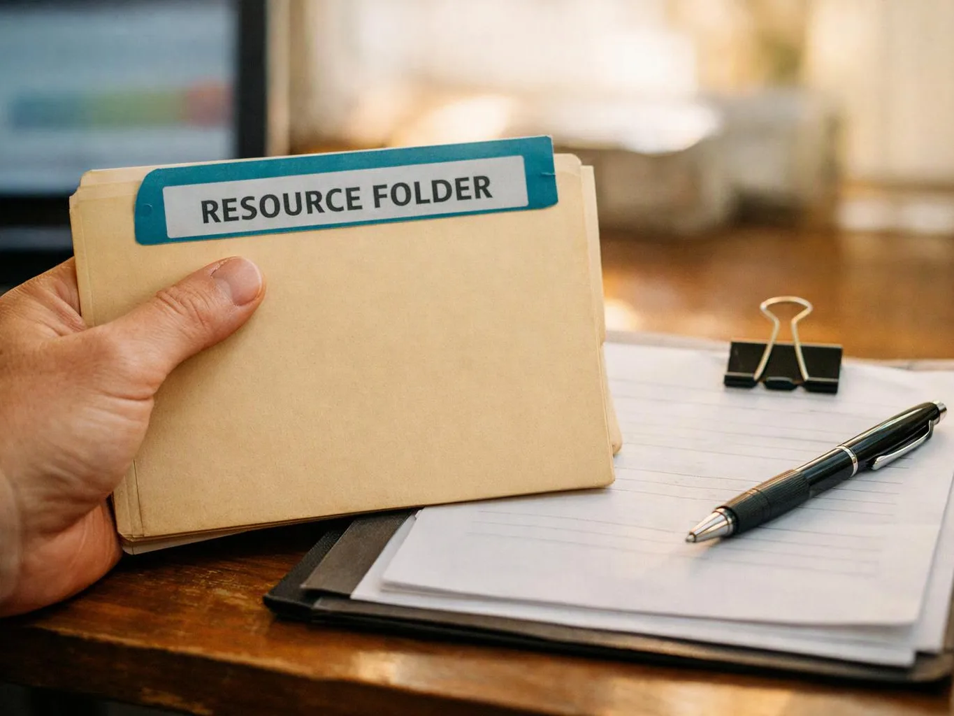 A hand holds a manila folder labeled “RESOURCE FOLDER” above a notepad with a pen on a desk