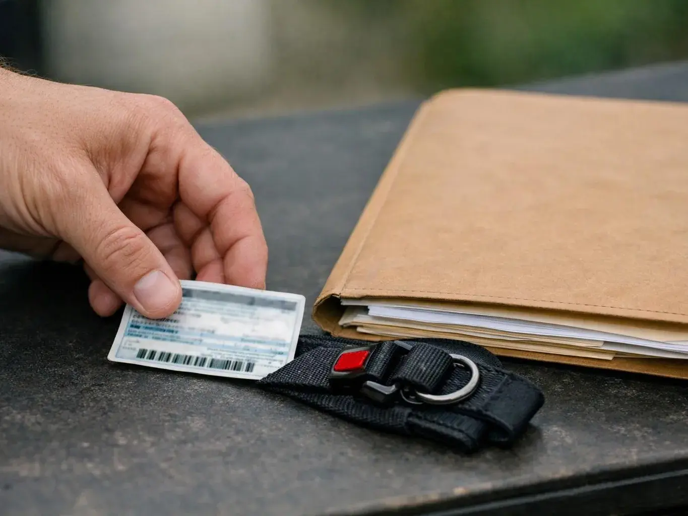 A hand holds a small card beside a folder and a black strap on a tabletop