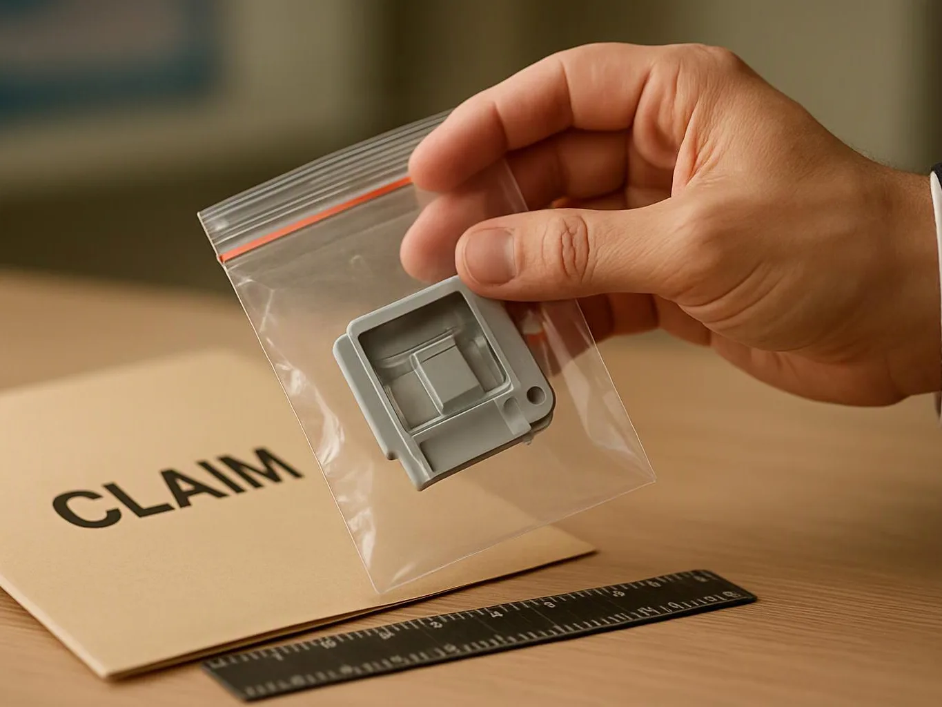 A hand holds a small plastic bag with a gray part above a folder labeled CLAIM on a desk