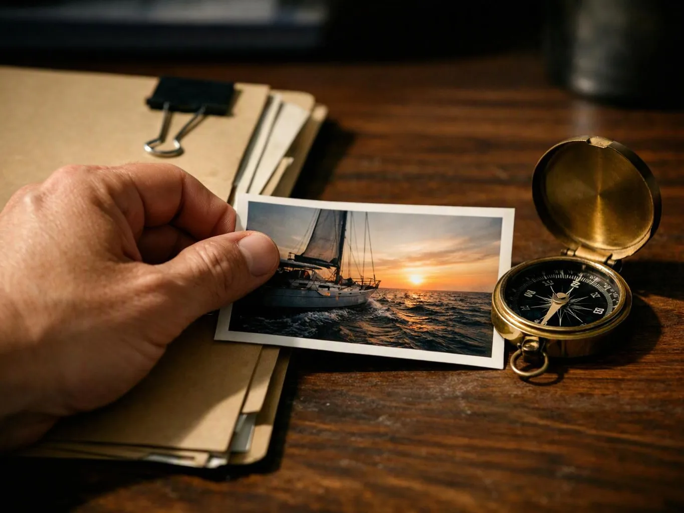 A hand holds a sunset sailboat photo beside a brass compass on a wooden desk