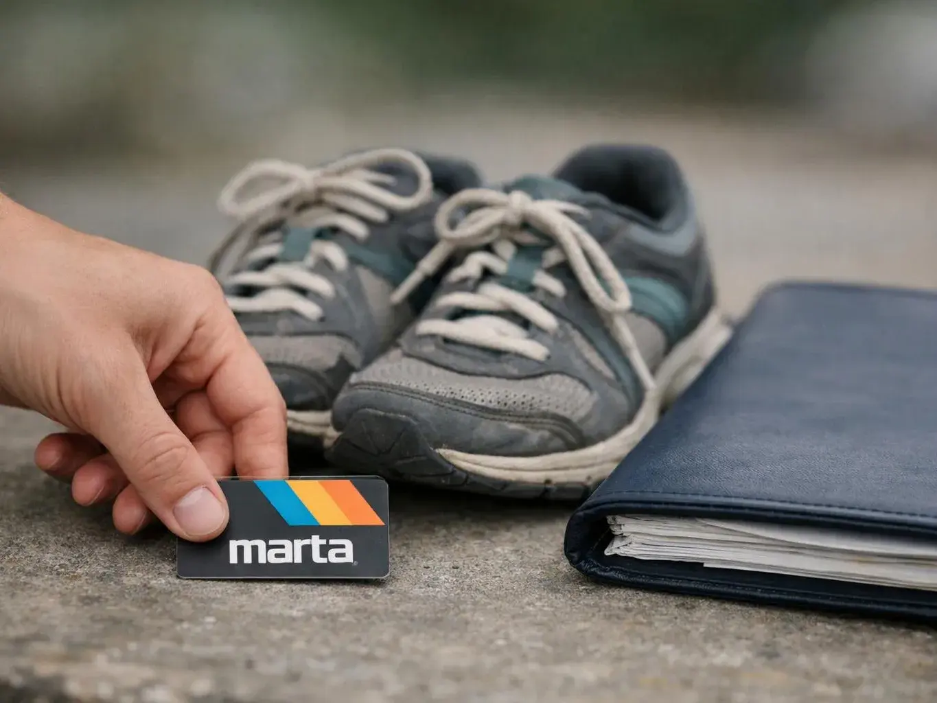 A hand holds a transit card in front of worn sneakers and a closed blue folder on concrete