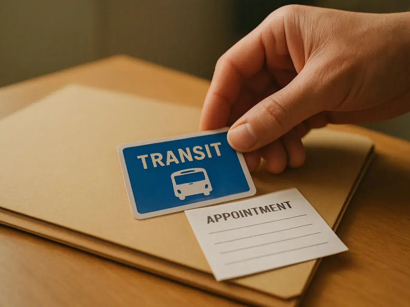 A hand places a blue transit card on a tan envelope beside a small appointment card on a wooden table