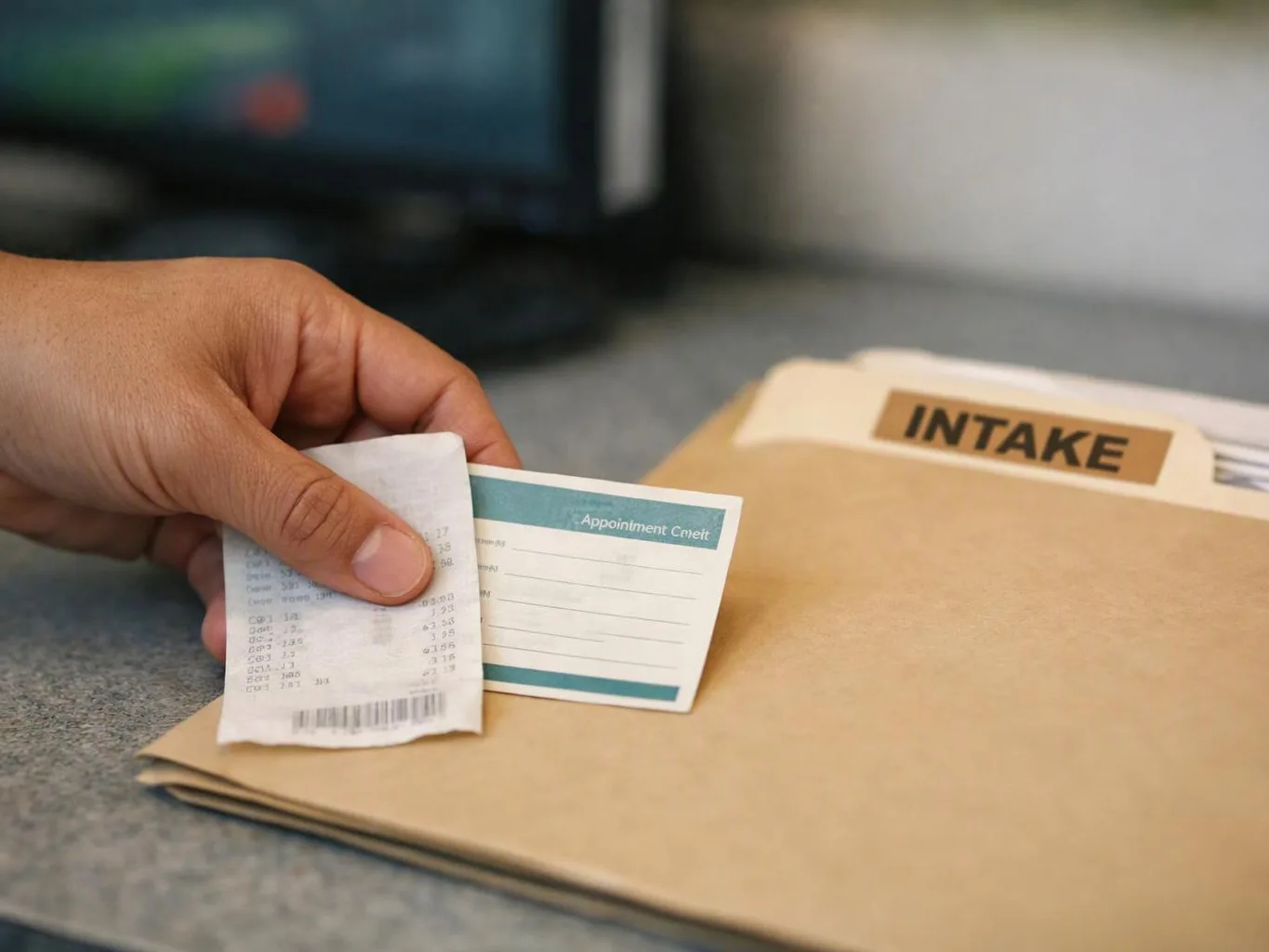 A hand places a receipt and an appointment card on a tan intake folder on a desk