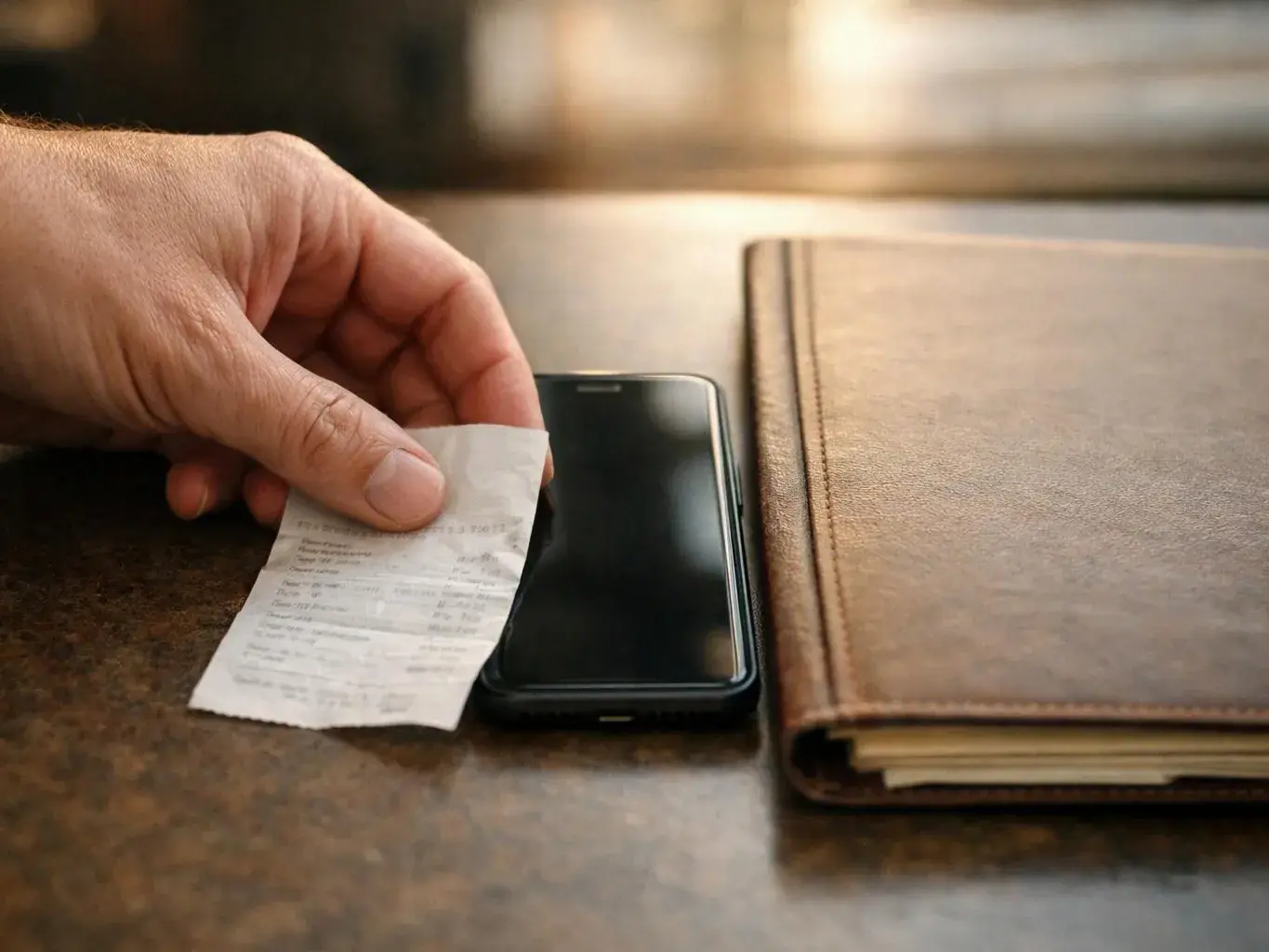 A hand places a receipt beside a smartphone next to a brown leather notebook on a table