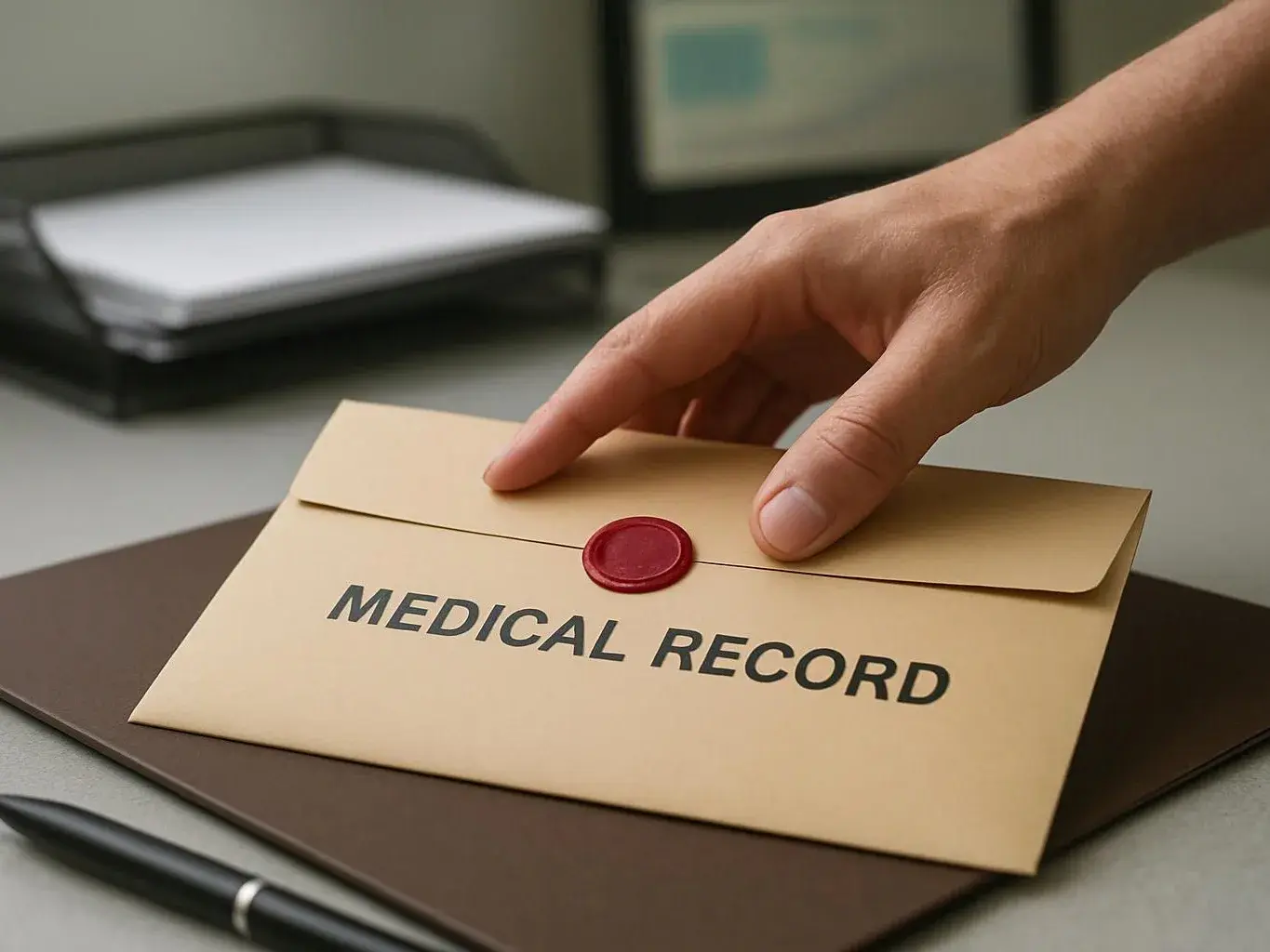 A hand places a sealed envelope labeled “MEDICAL RECORD” on a desk with folders and a pen