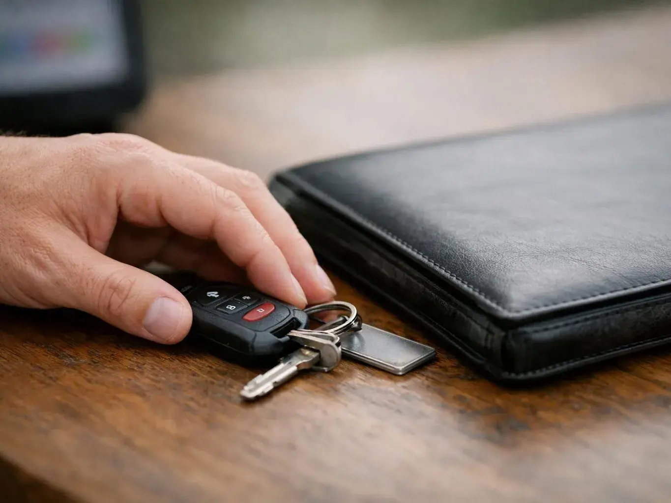 A hand rests on car keys beside a black leather folder on a wooden table