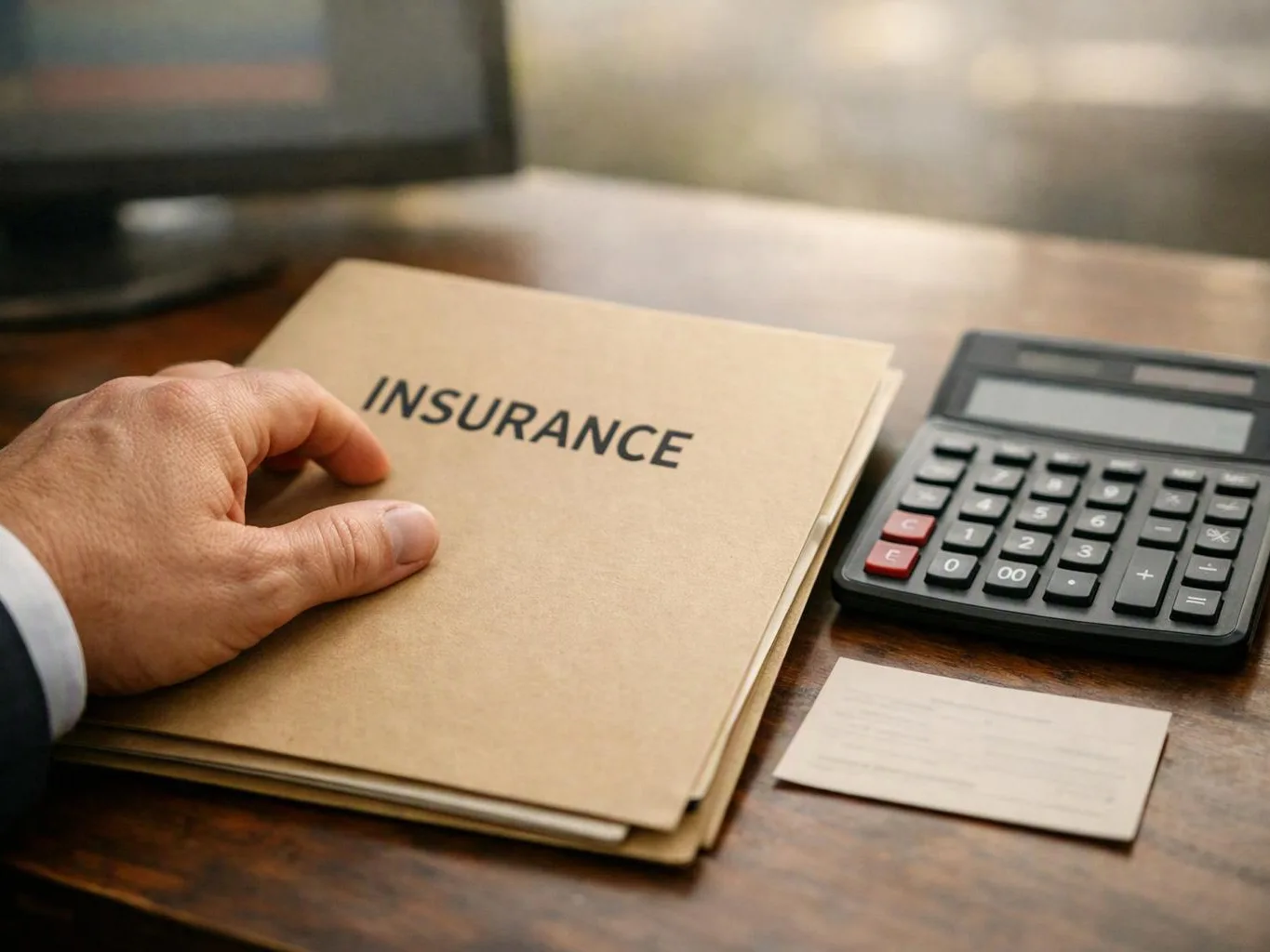 A hand rests on an insurance folder beside a calculator on a wooden desk