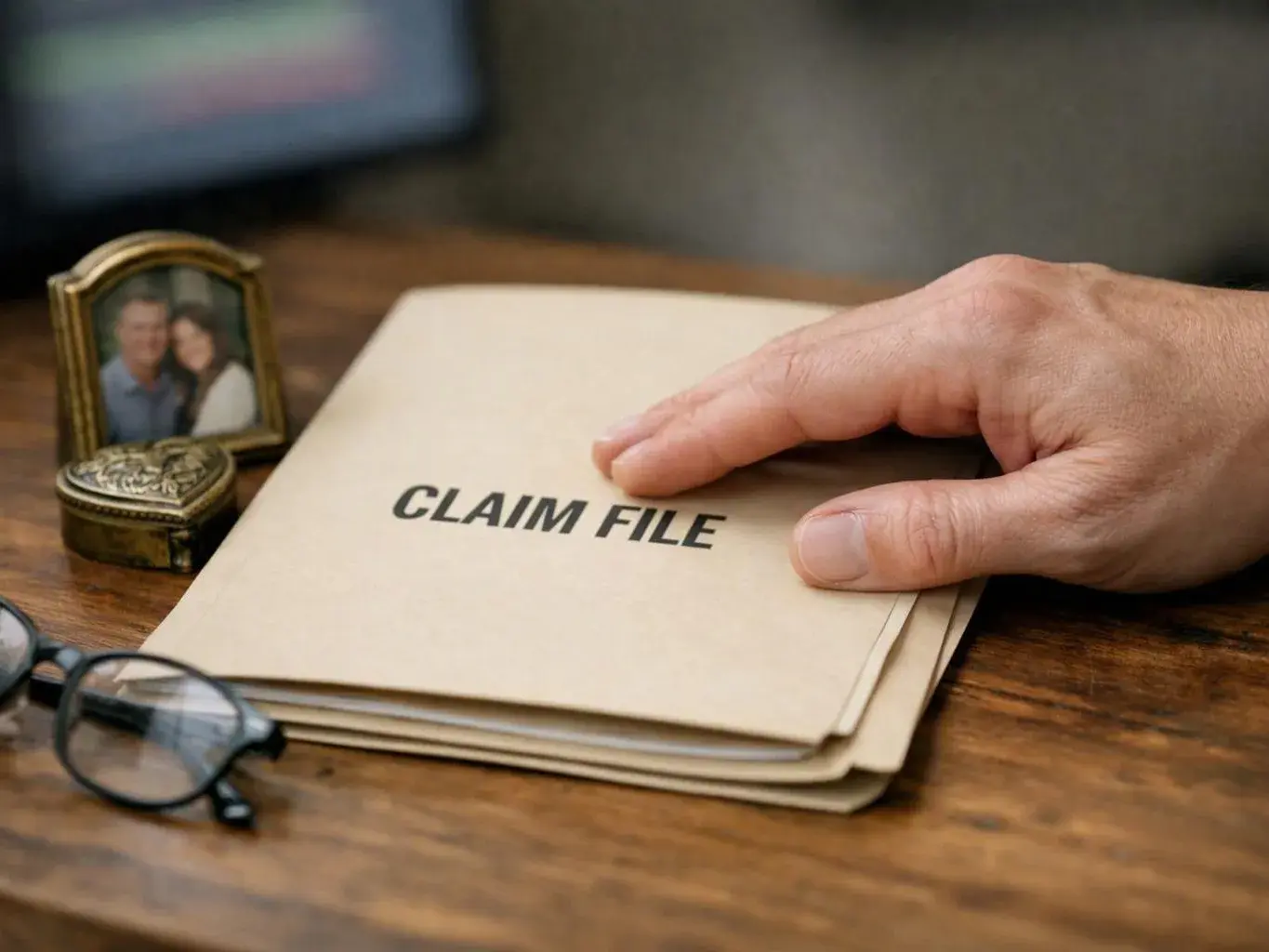 A hand rests on a manila folder labeled “CLAIM FILE” on a wooden desk with glasses and a small framed photo