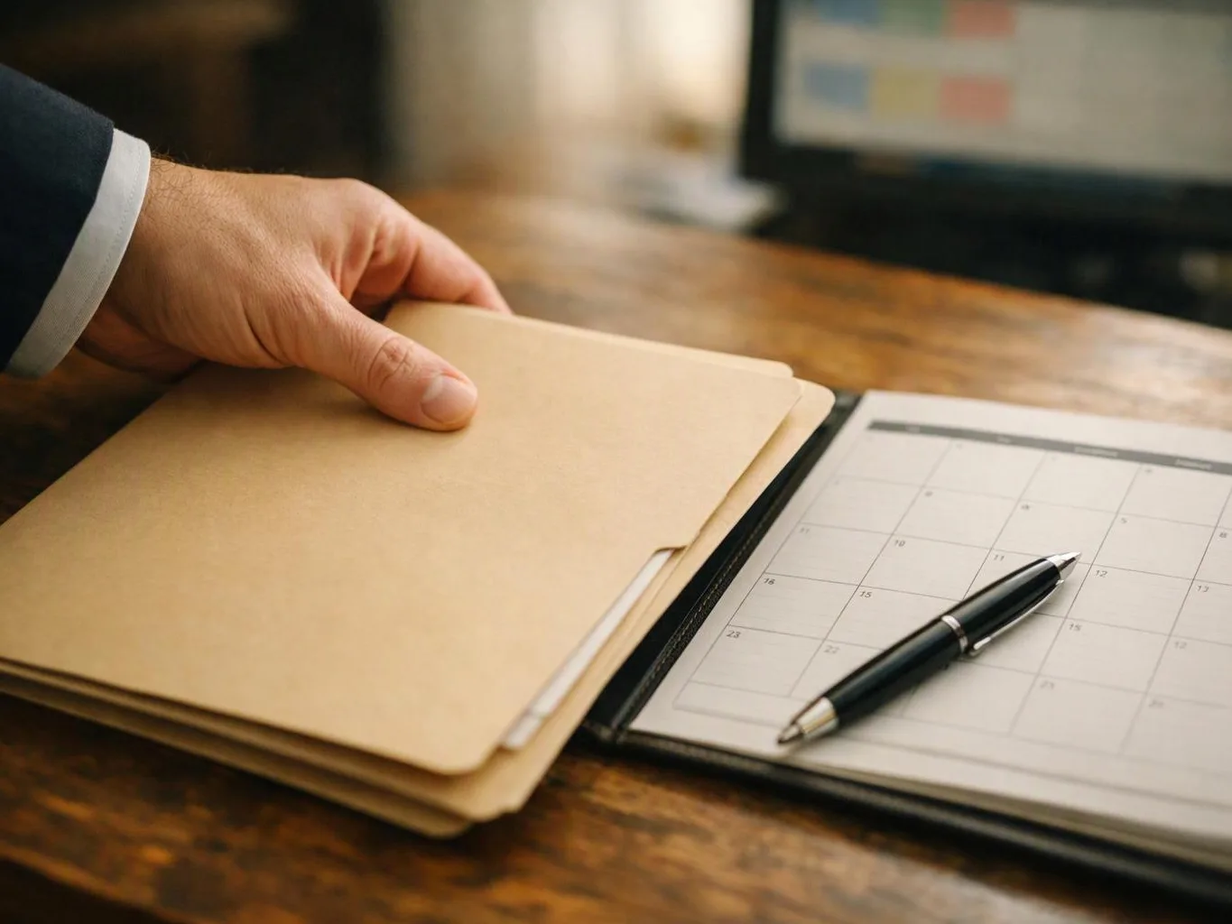 A hand rests on tan folders beside a pen and open calendar on a wooden desk