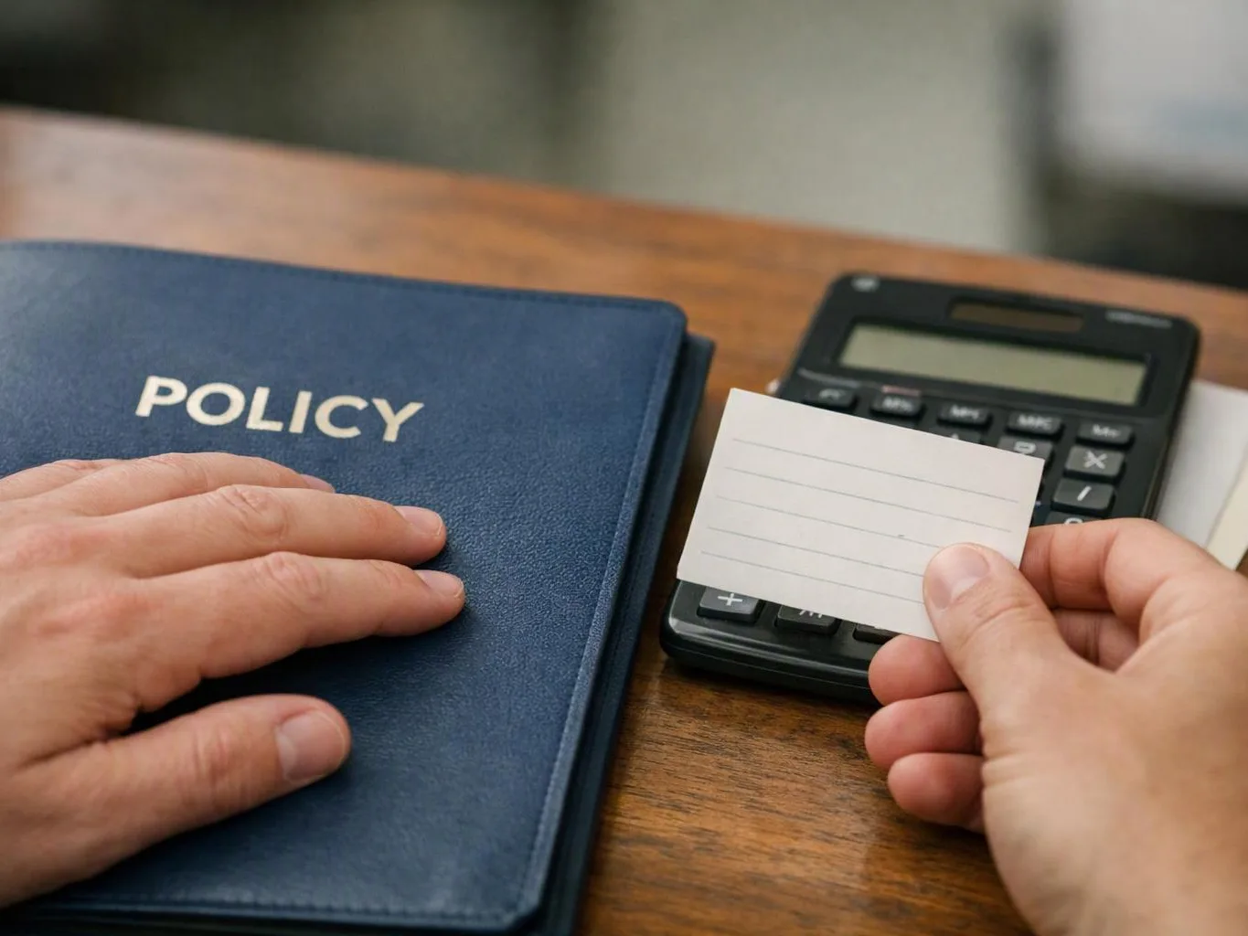 Hands hold a policy folder and a blank note card beside a calculator on a wooden desk