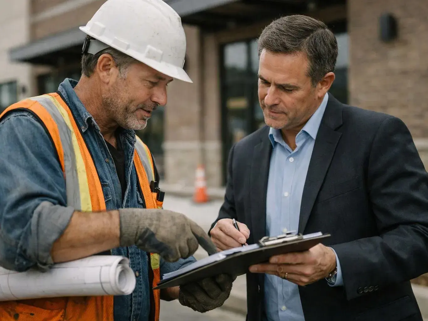 A construction worker in a hard hat points at a clipboard while a man in a blazer takes notes outdoors
