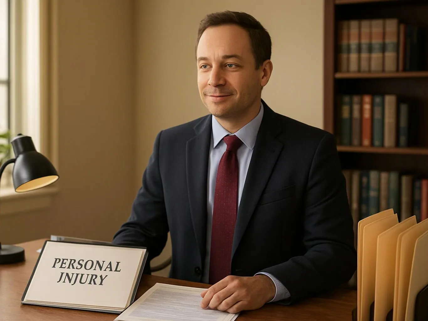 A man in a suit sits at a desk beside a sign reading personal injury, with files and books behind him