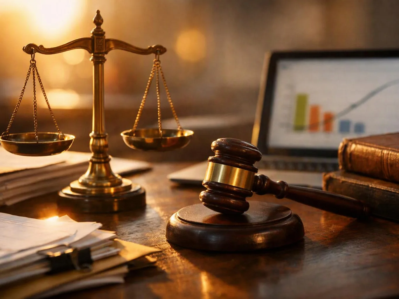 A judge’s gavel and scales sit on a desk beside papers, books, and a laptop with a chart