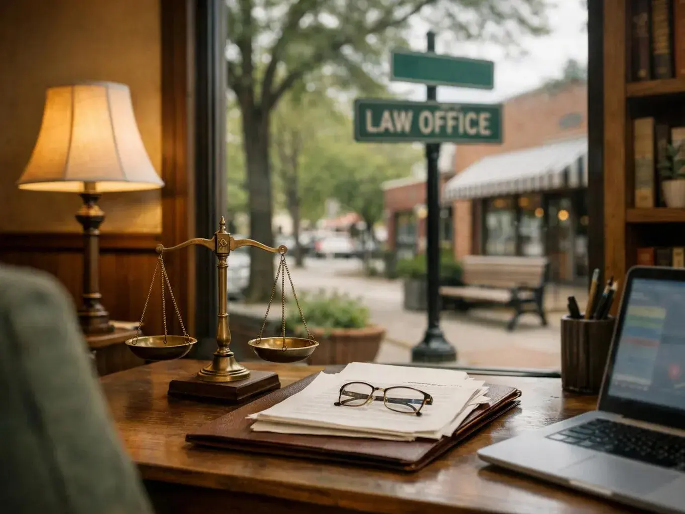 A desk holds scales, papers, glasses, and a laptop by a window facing a street sign